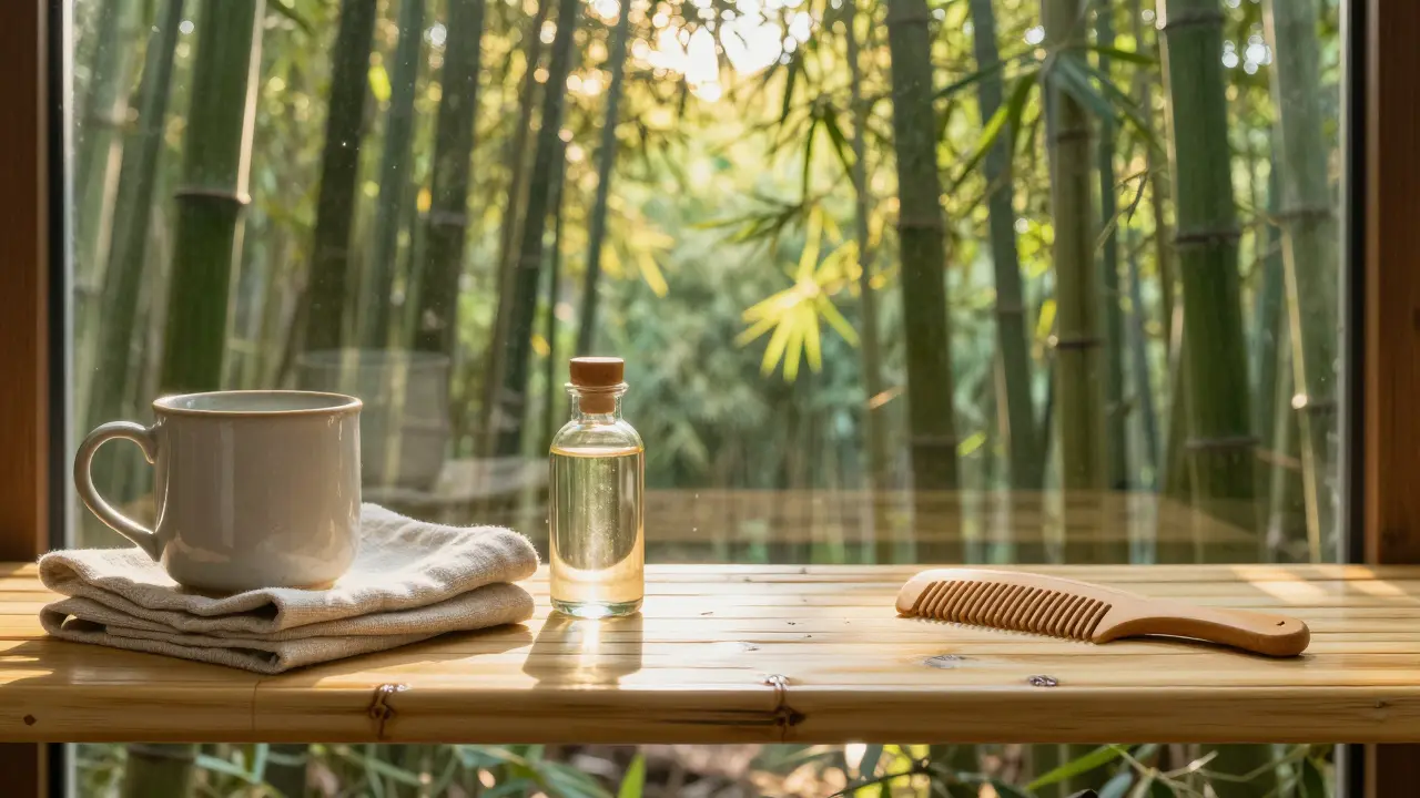 Étagère en bambou avec objets du quotidien, reflet symbolique de reforestation.