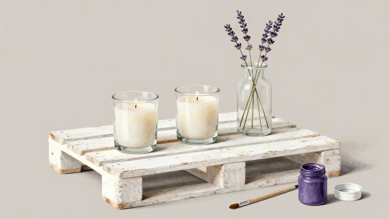 Étagère flottante en bois récupéré avec trois bougies maison en cire de soja dans des bocaux.