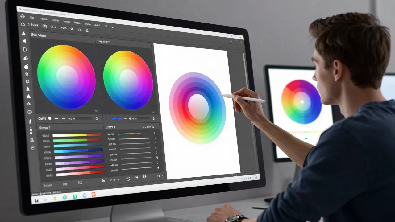 Interface Adobe Color projetée sur une toile, avec des roues de couleurs précises et une correspondance parfaite entre écran et impression.