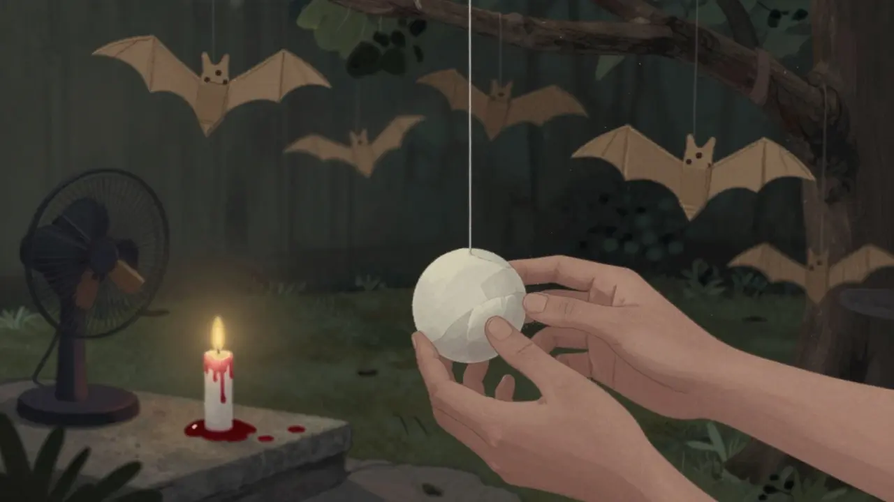 Main ajustant un fantôme en balle de ping-pong suspendu par un fil invisible, avec des chauves-souris en carton et une bougie ensanglantée.