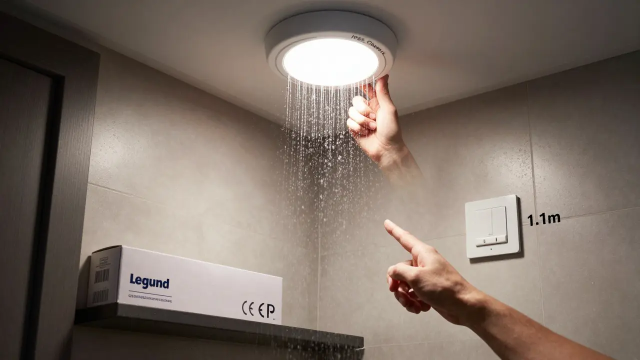 Main posant un luminaire IP65 au plafond au-dessus de la douche, avec un interrupteur à hauteur réglementaire près de la porte.