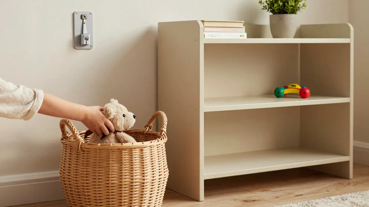 Mains d'enfant rangeant une peluche dans un panier en osier à côté d'une étagère modulable en bois clair, ambiance calme et écologique.