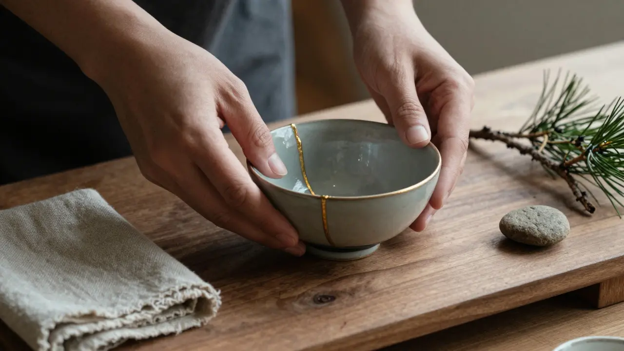 Mains posant un bol réparé au kintsugi sur un support en bois, entouré d'éléments naturels et de lin usé.