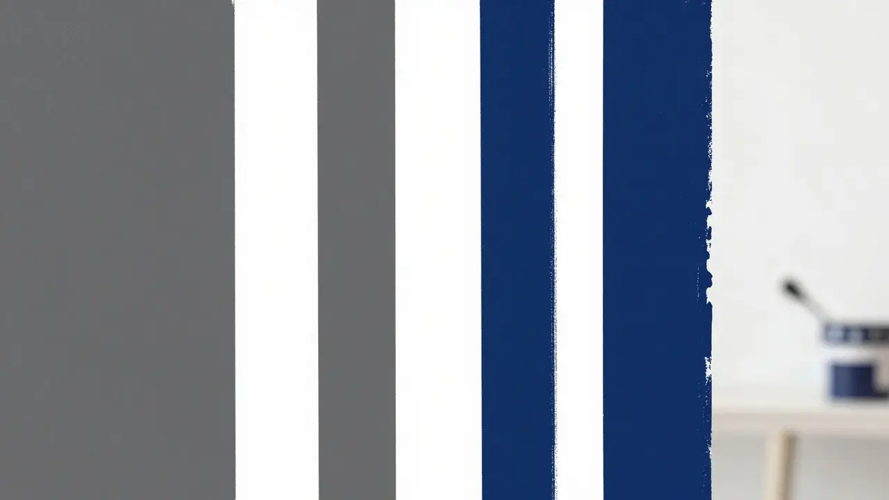 Mur géométrique en trois bandes de couleurs contrastées : gris, blanc et bleu marine.