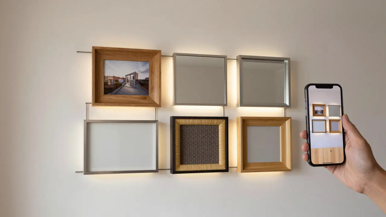 Mur modulaire avec cadres magnétiques flottants, éclairés par LED, dans un intérieur contemporain, avec un smartphone affichant une simulation AR.
