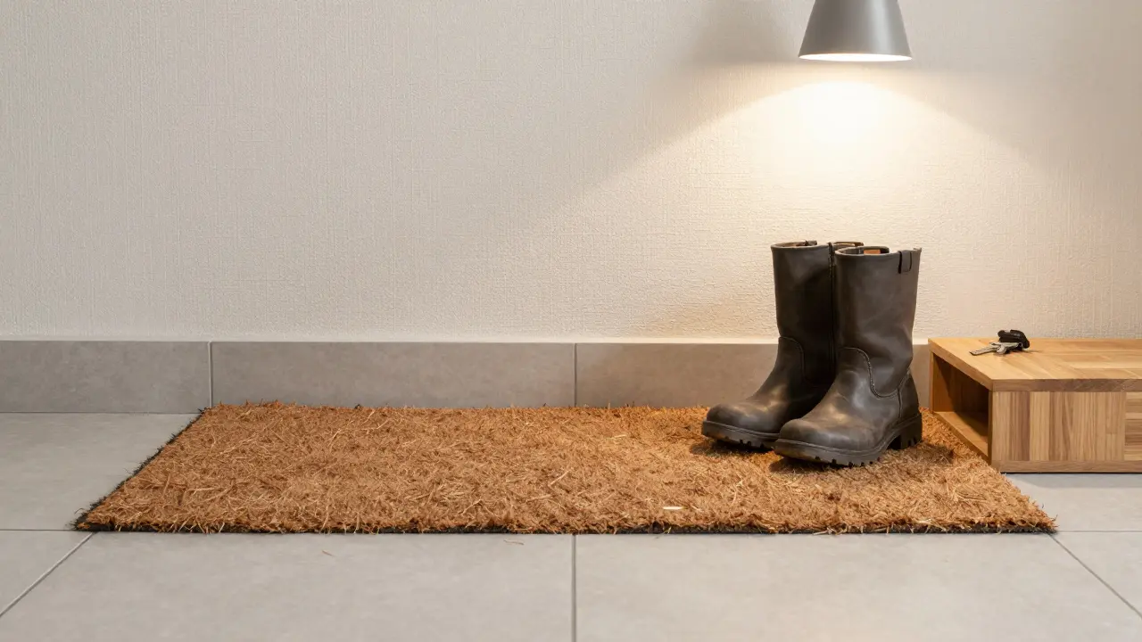 Plancher d'entrée en carrelage et tapis de coco, avec clés et papier peint texturé au mur.