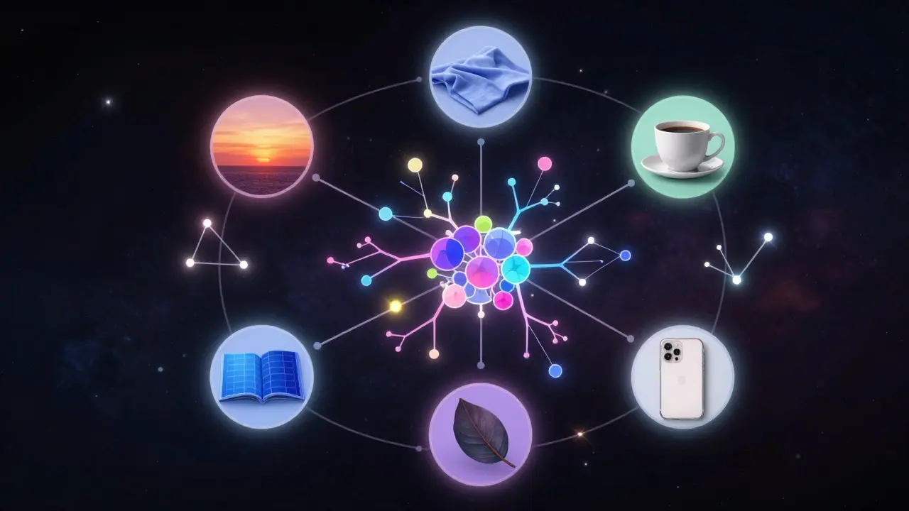 Représentation artistique de l'IA Khroma apprenant les préférences de couleur à partir de cinq objets personnels.