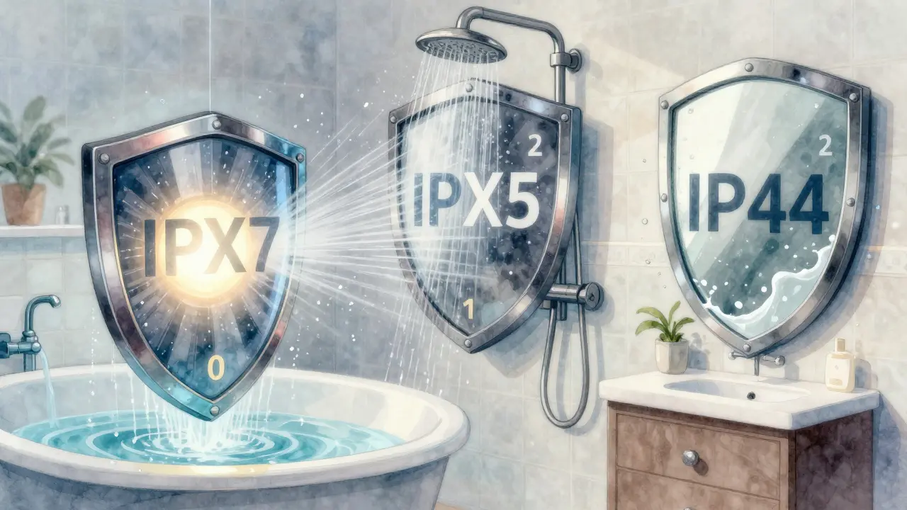 Représentation artistique des indices IP comme boucliers protecteurs contre l'eau dans les différentes zones de la salle de bain.