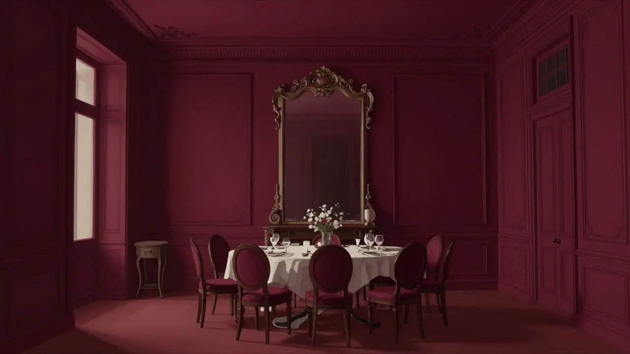 Salle à manger aux murs et plafond peints en bordeaux profond, avec un miroir ancien comme point focal.