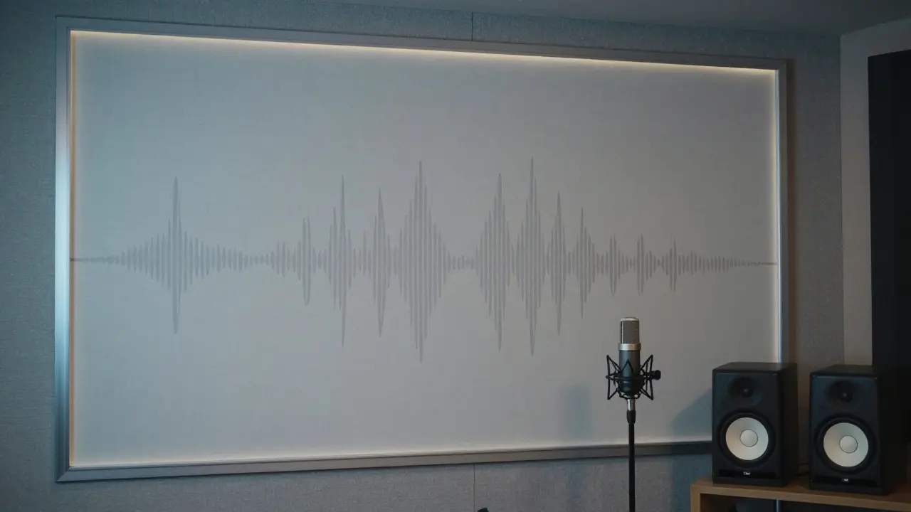 Studio d'enregistrement avec un mur en tissu tendu absorbant les ondes sonores, éclairé par une bande LED intégrée.