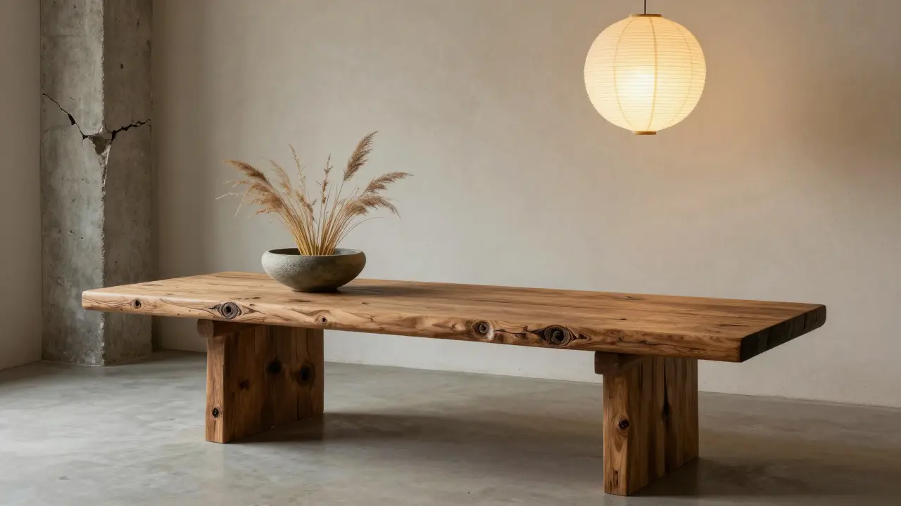 Table en bois brut asymétrique avec un bol en pierre et une colonne en béton brut, éclairée par une lampe en papier.