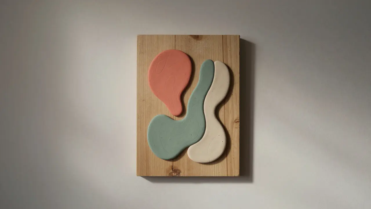 Tableau mural en pâte Fimo aux formes abstraites, suspendu seul sur un mur blanc.