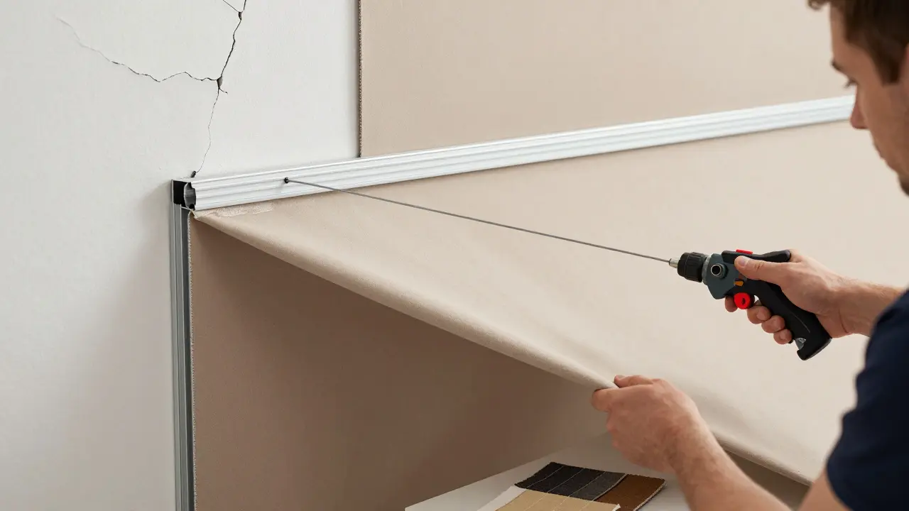 Technicien professionnel installant un revêtement textile sur un mur en plâtre, mettant en valeur la tension précise et la finition lisse.