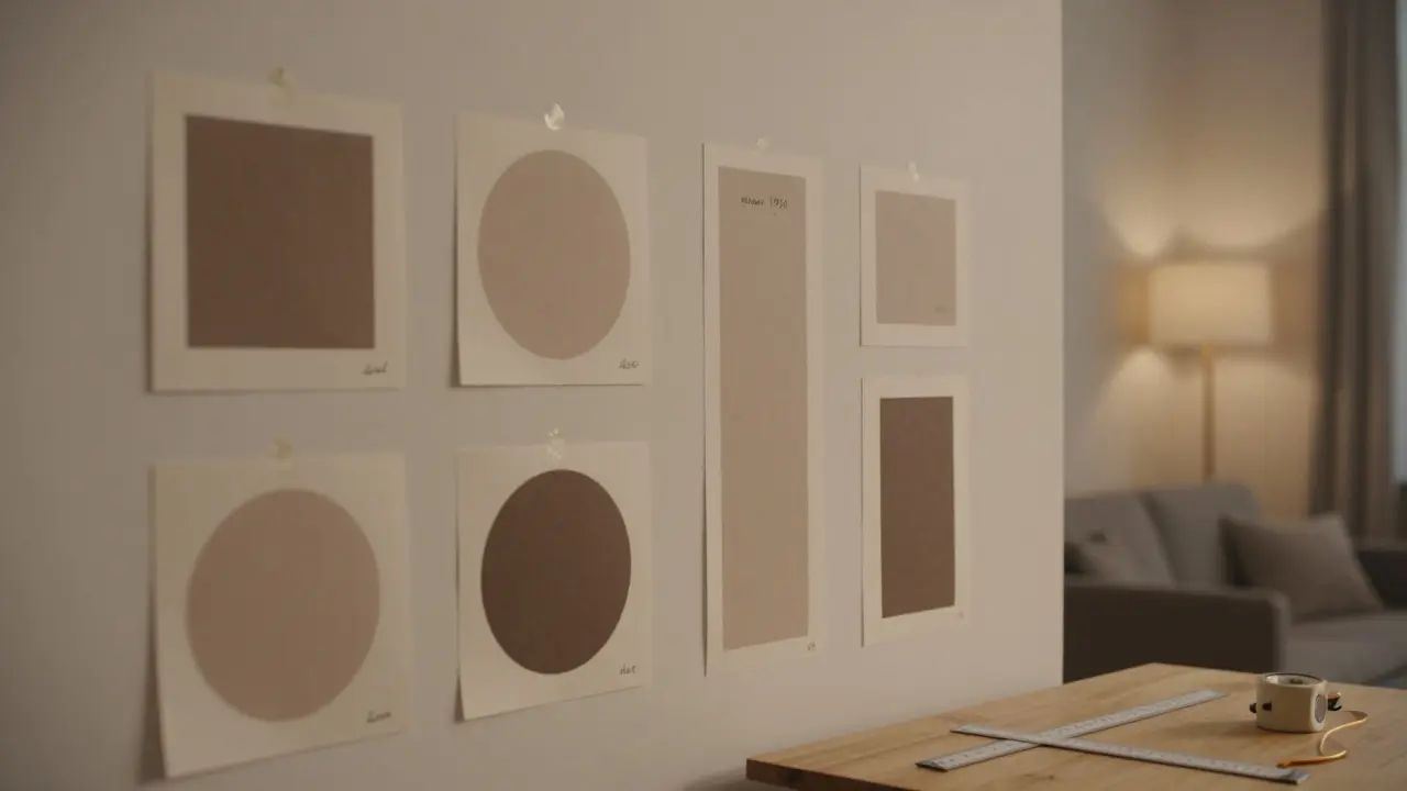 Templates de papier découpés sur un mur, étiquetés à la main, en cours de placement pour composer une galerie mixte, avec des outils de mesure à côté.