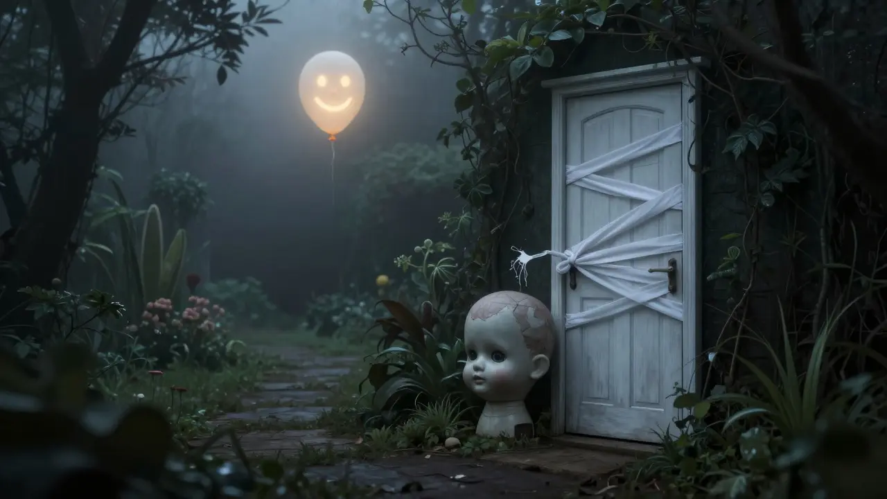 Tête de poupée grise dans l'ombre, porte momifiée et visage fantôme flottant dans une brume de jardin, ambiance terrifiante et minimaliste.