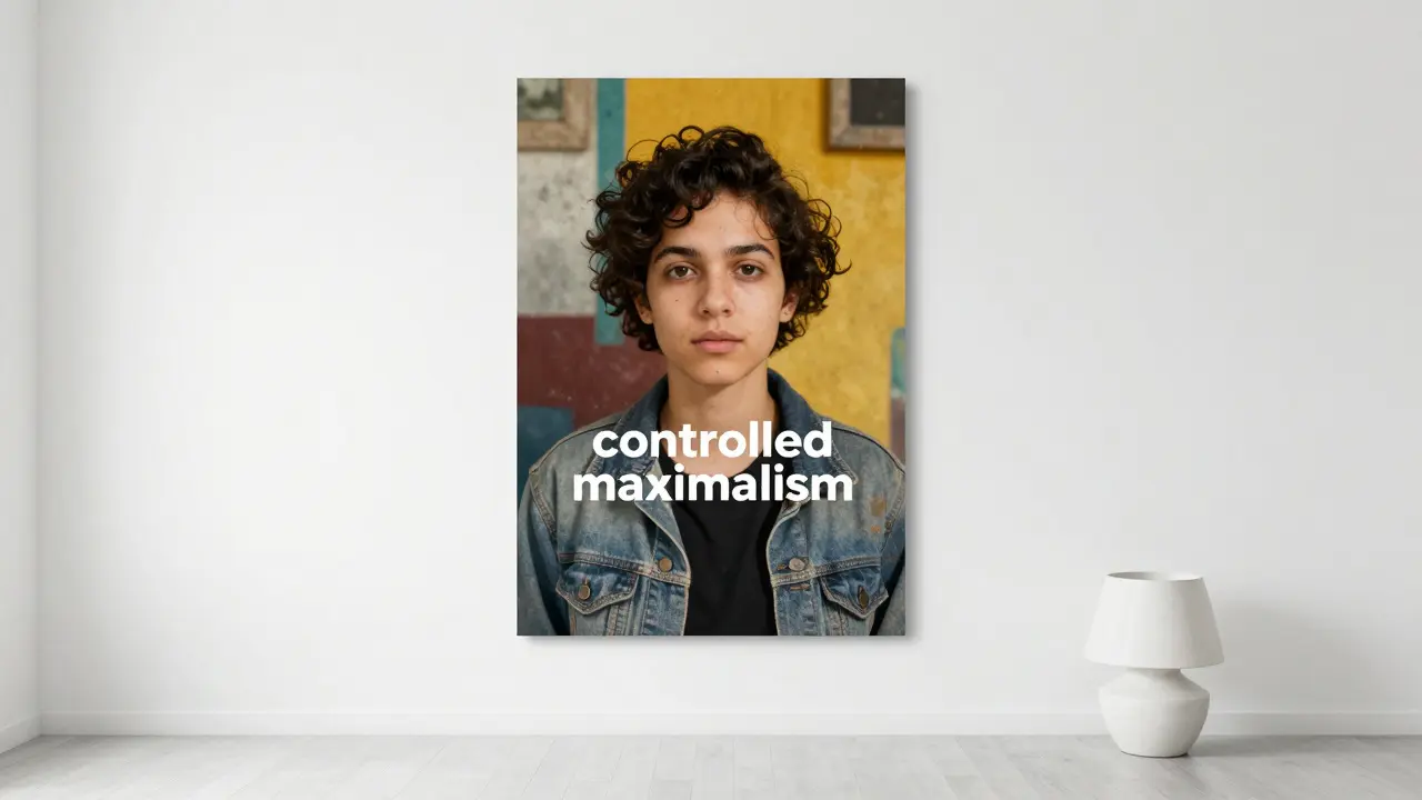 Un seul mur maximaliste sur fond blanc, orné d'un motif personnalisé, symbole du maximalisme contrôlé.