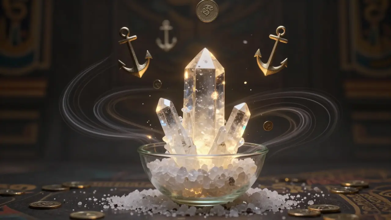 Une formation de sel lumineuse attire des énergies sombres, avec des pièces flottantes autour, dans un style symbolique.