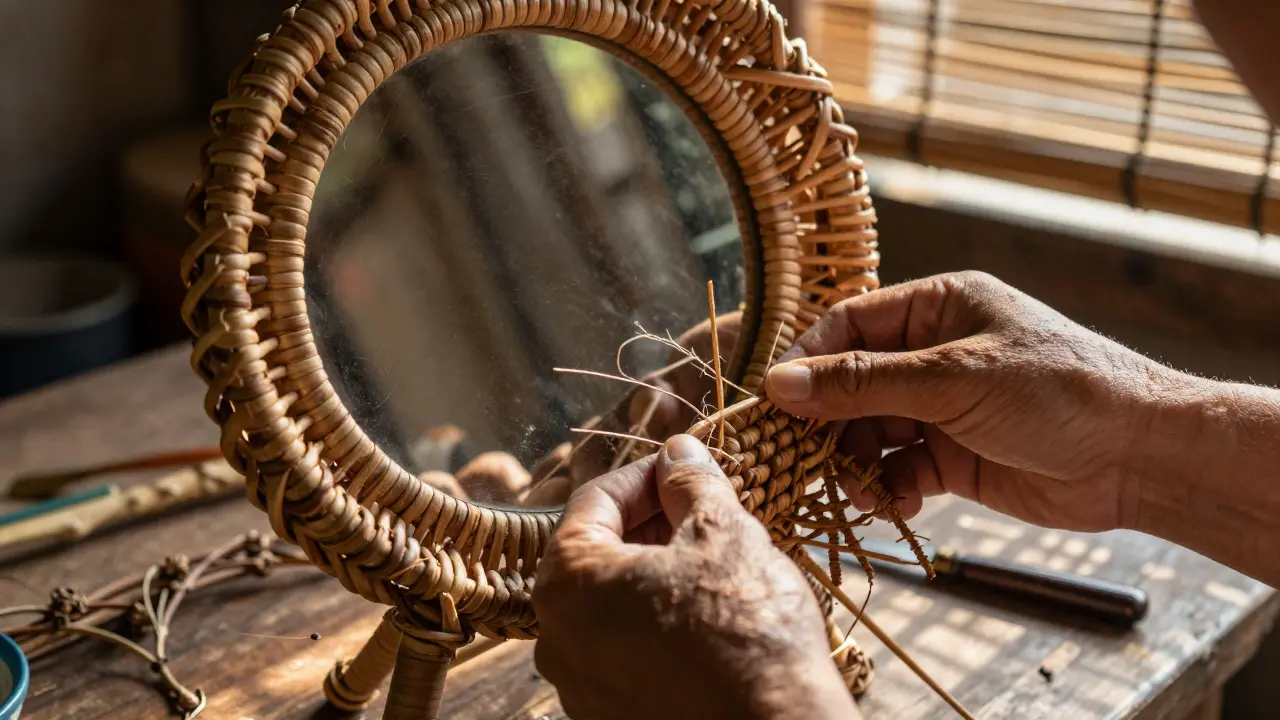 Artisans en train de tresser du rotin à la main dans un atelier, avec des outils et des fibres naturelles autour.