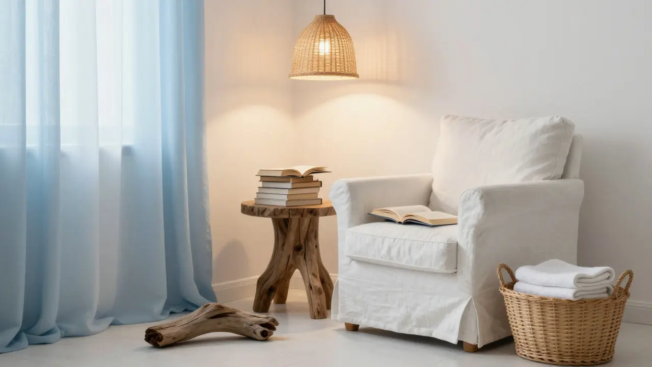 Coin lecture avec fauteuil en lin, panier en osier et morceau de bois flotté, lumière tamisée.