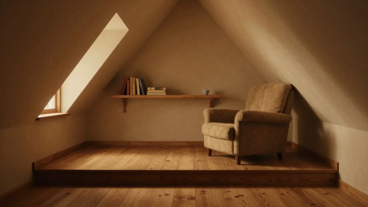 Coin lecture intime sous un plafond en pente, avec un fauteuil sur un socle en bois et une étagère flottante.