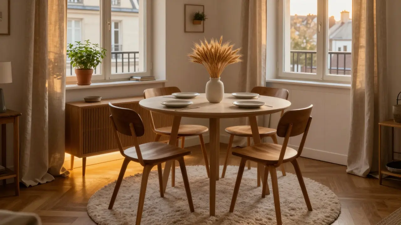 Coin repas urbain avec table ronde, banc et éclairage subtil, parfait pour les petits espaces en ville.
