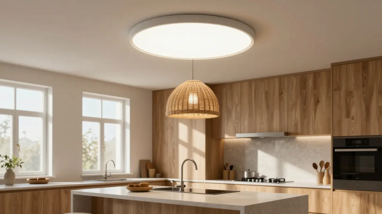 Combinaison hybride d'un plafonnier discret et d'une suspension en rotin au-dessus d'un îlot de cuisine.