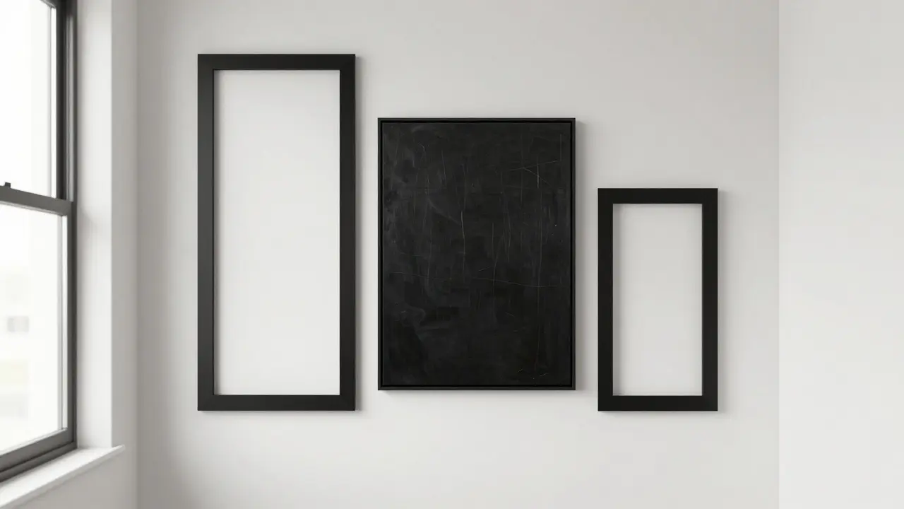 Composition asymétrique de trois cadres de tailles différentes alignés verticalement dans un couloir étroit.