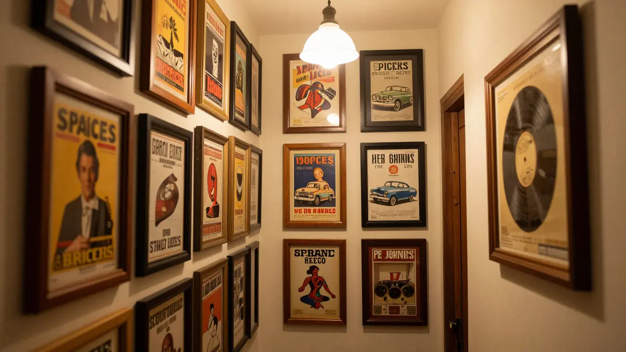 Couloir décoré d'une mosaïque de petites affiches vintage en cadres variés.