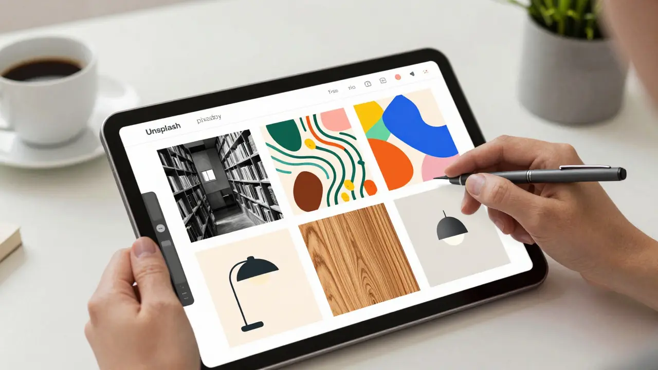 Designeur qui assemble des images gratuites sur un écran tactile, avec des photos, illustrations et textures variées dans un cadre lumineux.