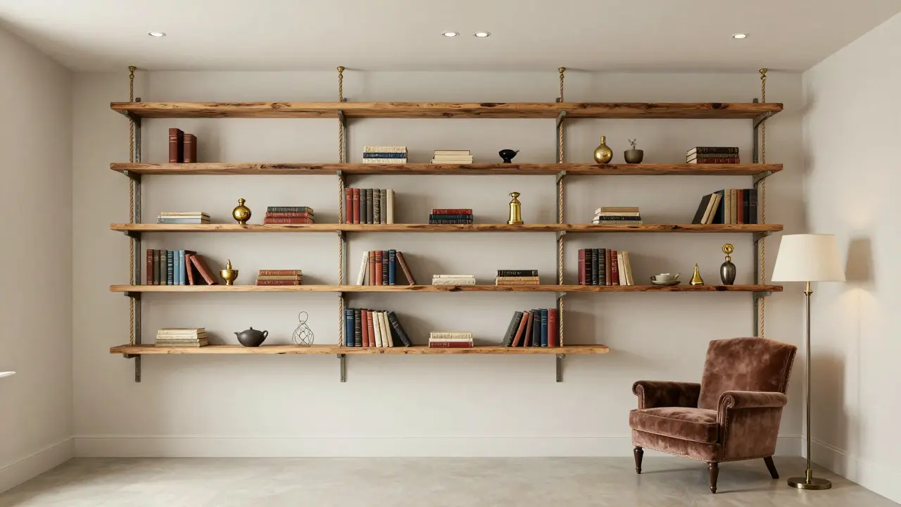 Étagères suspendues au plafond dans une maison de ville française, avec des poulies en laiton et des objets rangés.