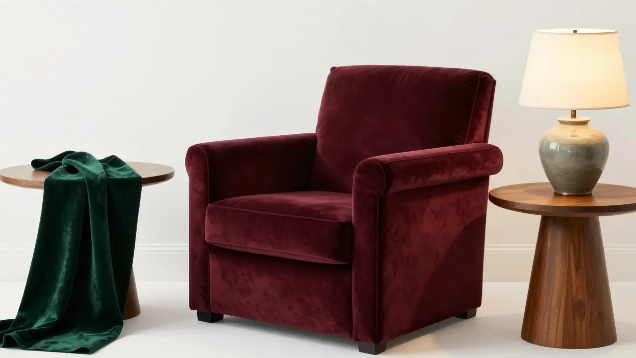 Fauteuil bordeaux en velours mat dans une pièce blanche avec couverture verte et lampe en céramique.