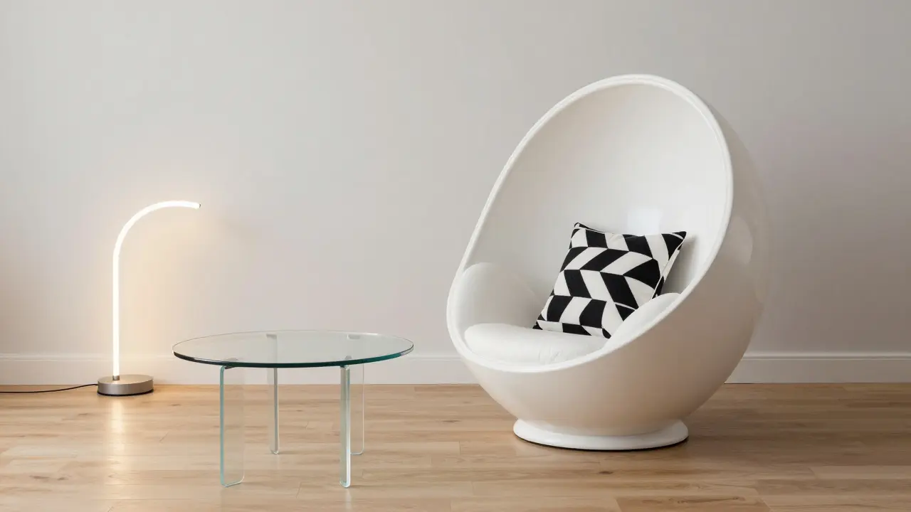 Fauteuil coquille moderne avec table en verre et éclairage LED vintage, coussin géométrique noir et blanc.
