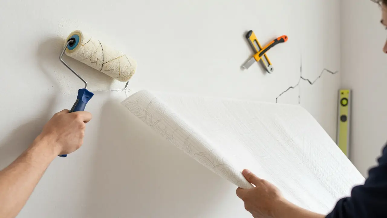 Installation d'un papier peint intissé avec une main appliquant de la colle sur un mur et déroulant le rouleau.