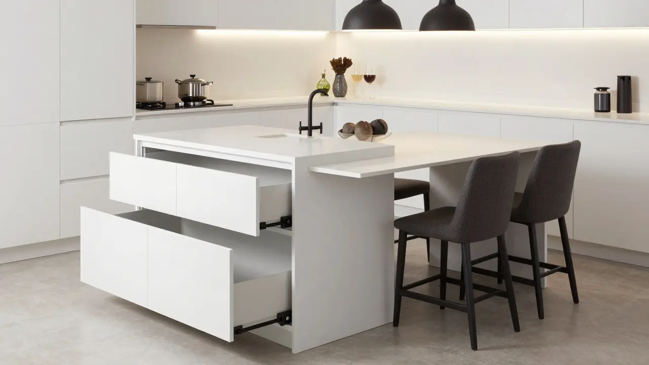Kitchen island with extendable countertop and hidden storage for dining and daily use.
