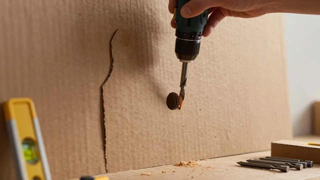 Main tenant un foret qui perce à travers un gabarit en carton épais, avec de la poussière en l'air.