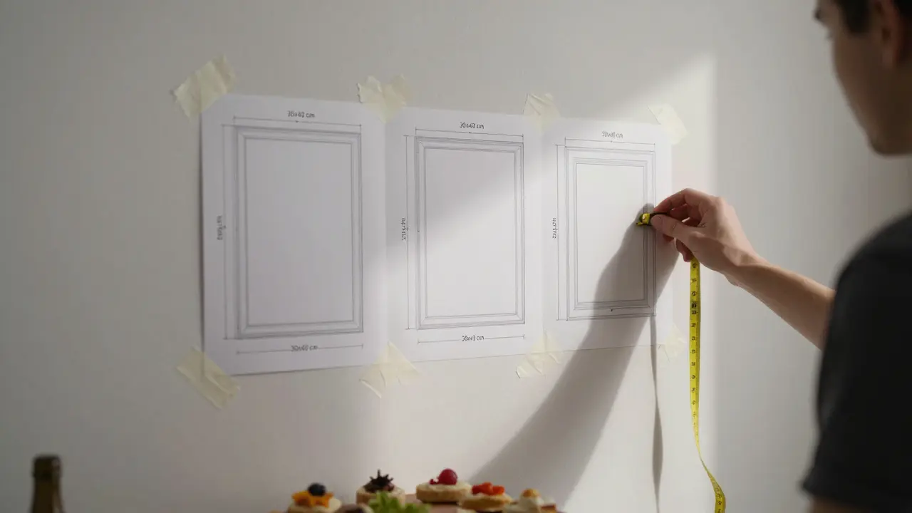 Maquettes en papier collées sur un mur pour tester un arrangement de cadres avant de percer.