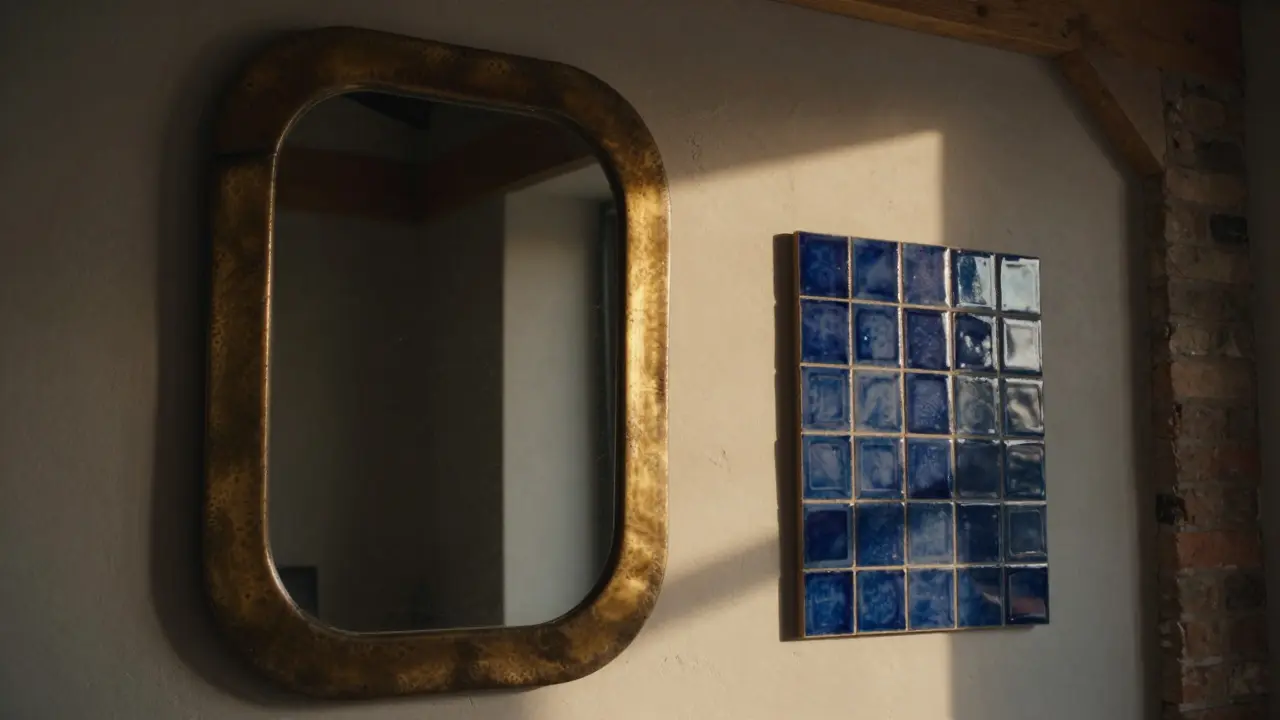 Miroir irrégulier et panneau céramique bleu foncé sur un mur en briques, éclairé par un rayon de soleil couchant.