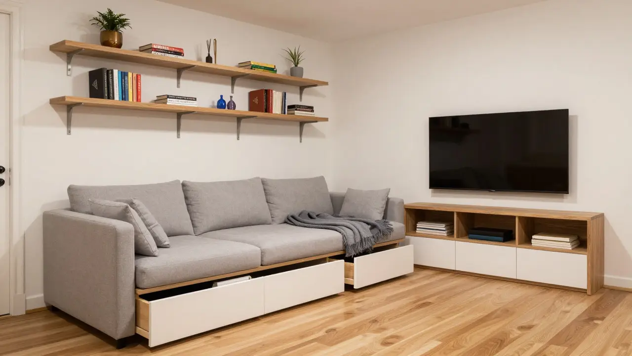 Modular sofa transforming into a bed with integrated storage drawers in a cozy living space.