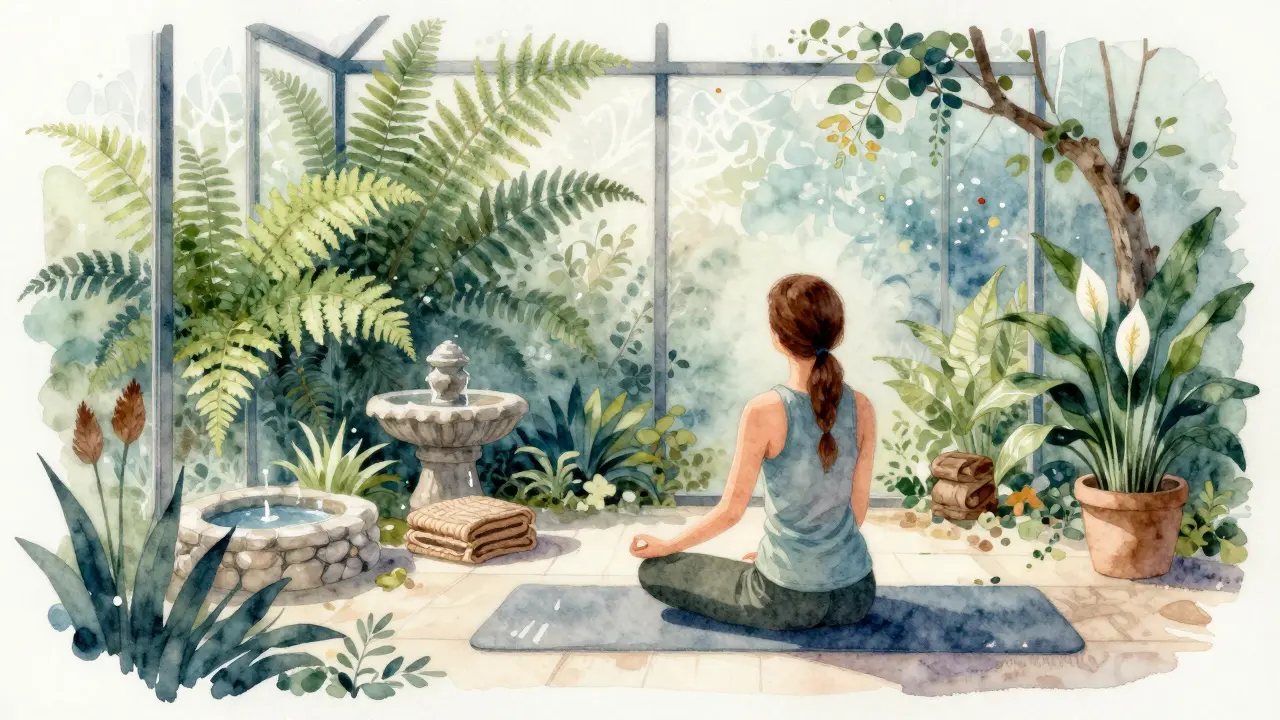 Personne méditant dans un jardin d'hiver avec fontaine et plantes apaisantes.