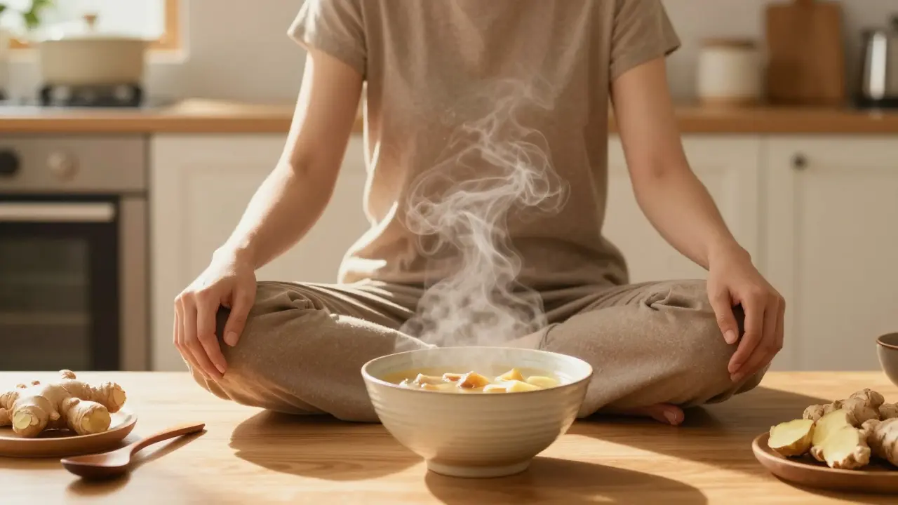 Personne respirant lentement devant une soupe chaude au petit-déjeuner, lumière dorée dans la cuisine.