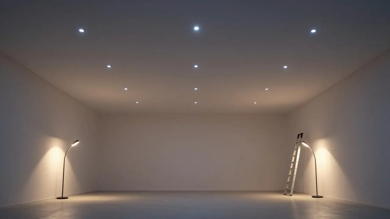 Plafond éclairé par des spots LED et deux lampadaires incurvés, créant une lumière douce sur les murs d'une pièce spacieuse.