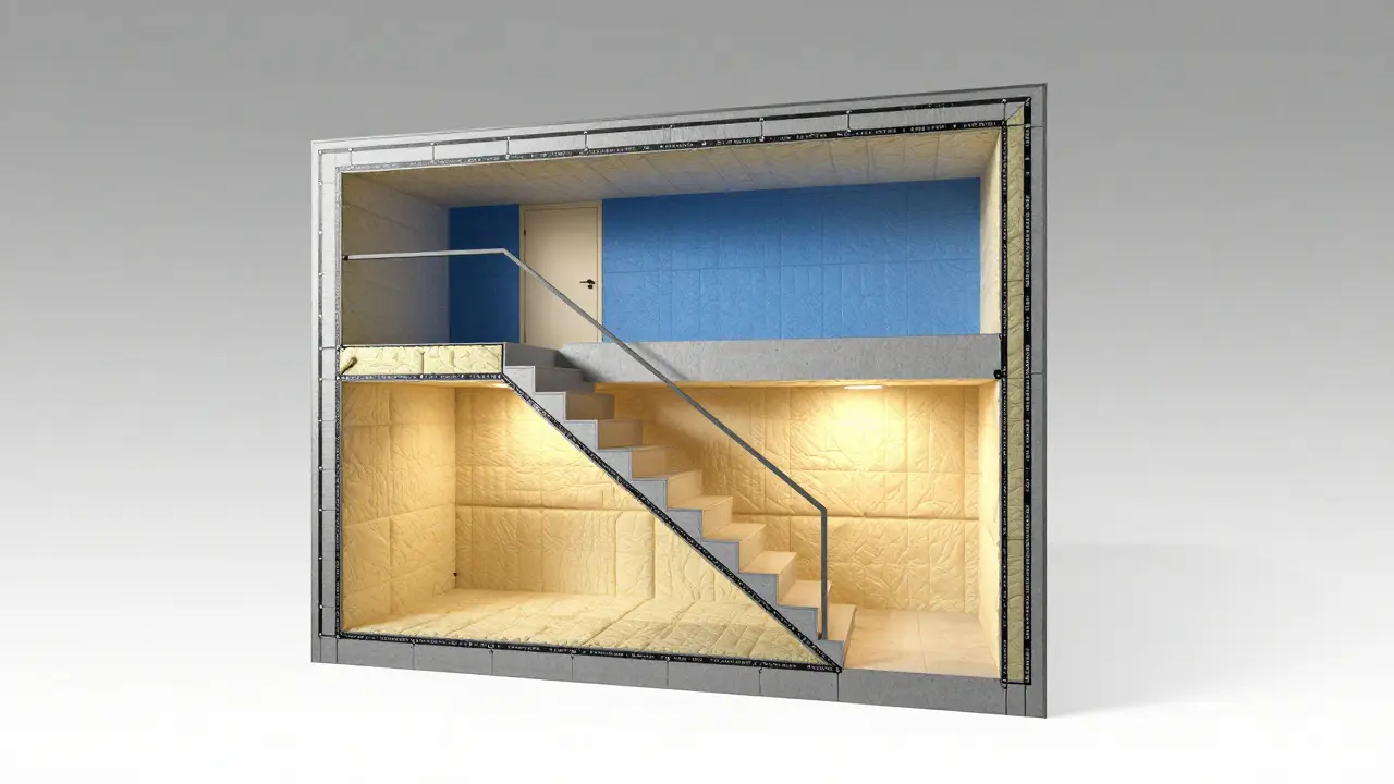 Plan d'une maison avec escalier central bien isolé, barrière thermique fermée en haut et continuité d'isolation.