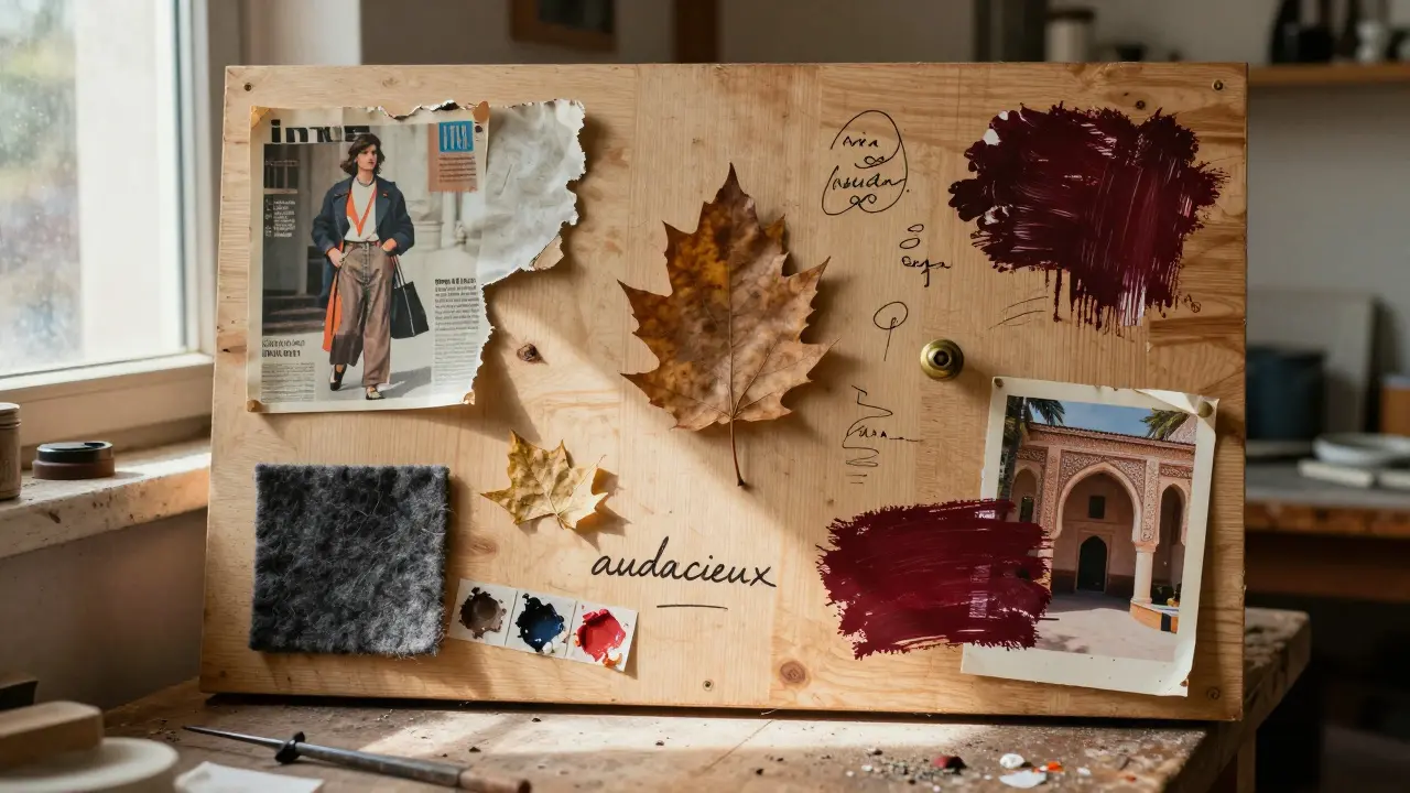 Planche physique en bois avec tissus, peinture, feuilles séchées et annotations manuscrites.