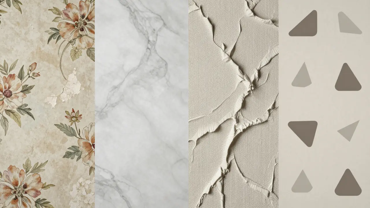 Quatre types de papiers peint comparés : traditionnel, vinyle, expansé et adhésif, présentés en panneau mural stylisé.