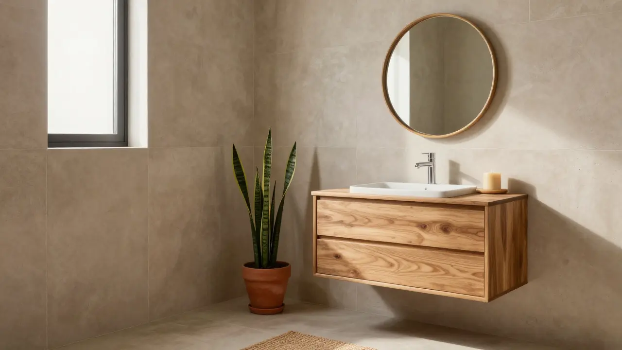 Salle de bain aux carreaux sable, miroir en bois brut et plante sansevieria, ambiance apaisante.