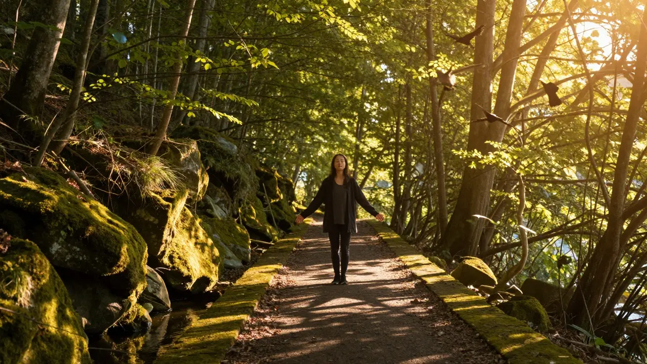 Sentier de forêt divisé en ombre et lumière, une personne au centre, symbole d'équilibre yin-yang.
