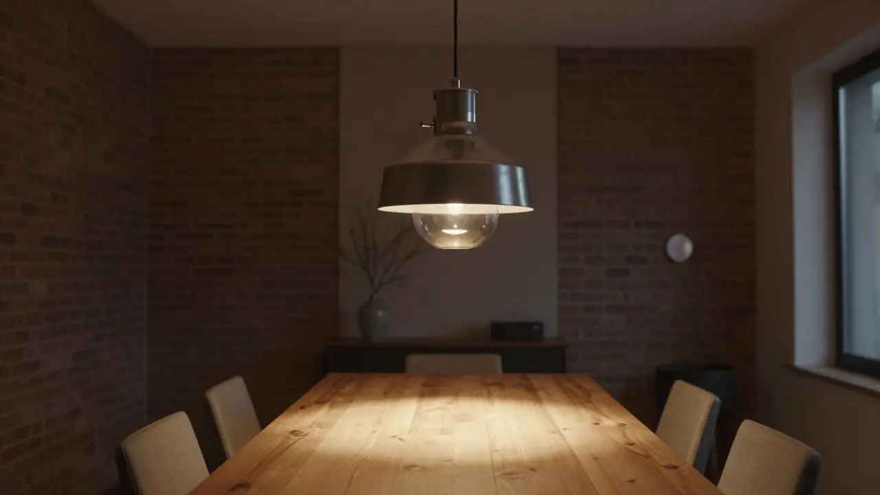 Suspension industrielle en métal et verre suspendue au-dessus d'une table à manger, créant une zone d'éclairage ciblée.