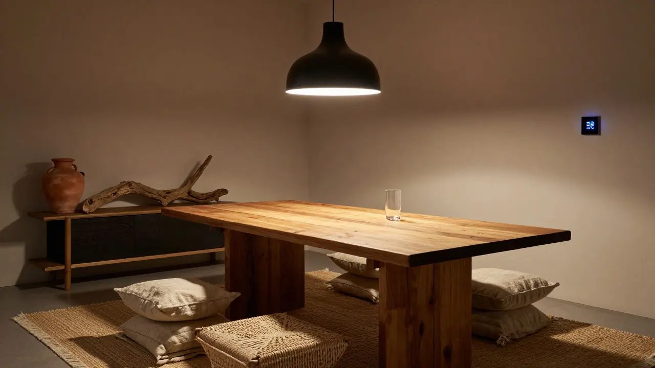 Table en bois massif avec éléments naturels et tissus doux, mêlant industriel et biophilie dans une ambiance apaisante.