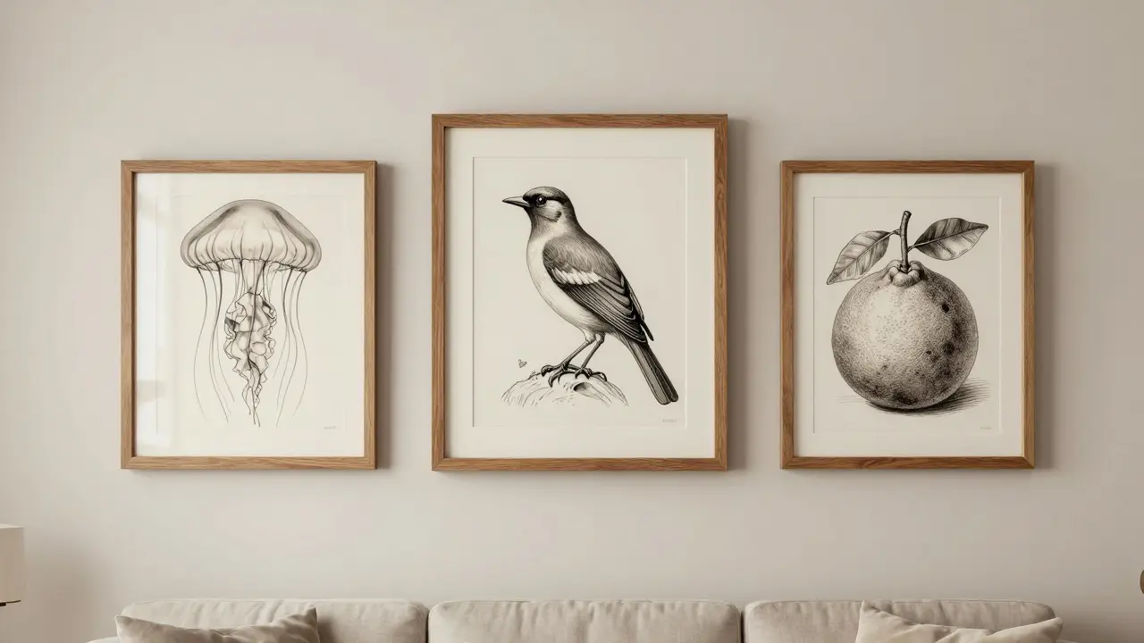 Trois illustrations scientifiques vintage disposées en triangle dans un salon minimaliste.