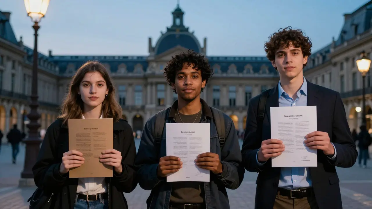 Trois personnes présentent leurs dossiers de design dans une cour parisienne au crépuscule, avec fierté et simplicité.